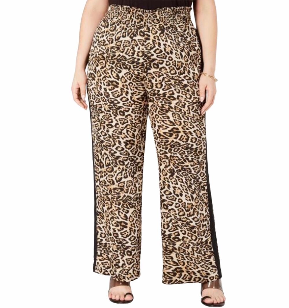 INC Pants Animal Print Satin Pull On Wide Leg Palazzo 3Xn Black Tan Brown